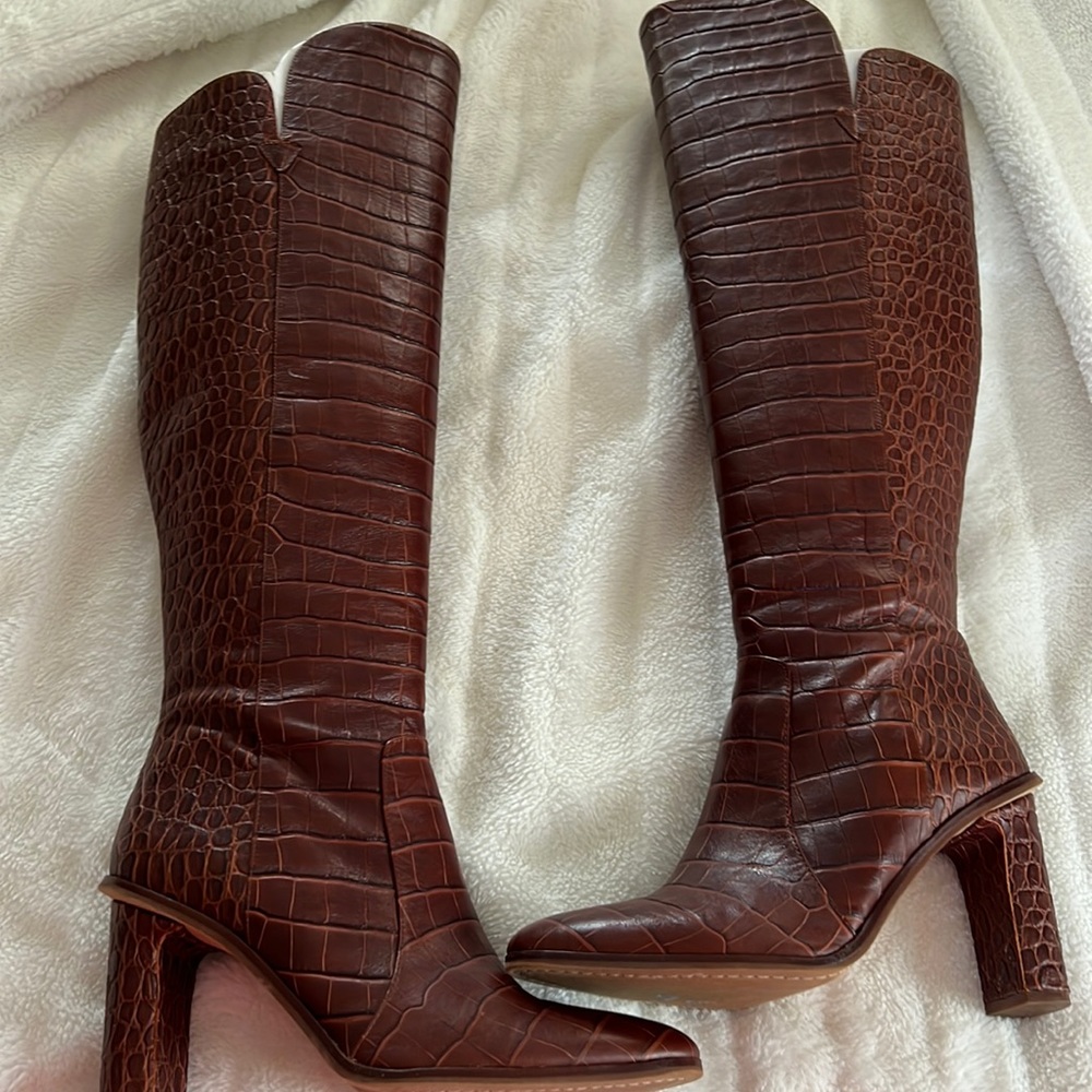Vince Camuto Pendarie Wide-Calf Boot in Chocolate Crocodile